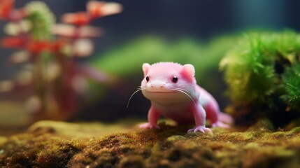 Pink Axolotl. in the aquarium with green moss, close-up