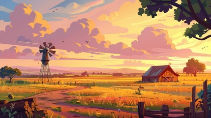 Rural landscape with farm barn, windmill, water tower, and agriculture fields at sunset, modern cartoon illustration. - obrazy, fototapety, plakaty