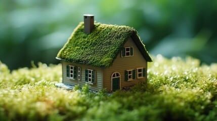 Fototapeta na wymiar Miniature house on green moss background. Real estate and property concept.