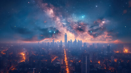 Night Cityscape View From Tall Building - obrazy, fototapety, plakaty