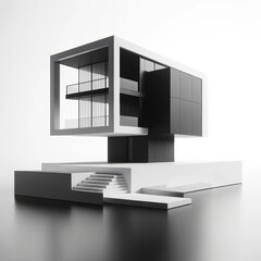 Contemporary minimalist house model with a monochrome palette on a white background