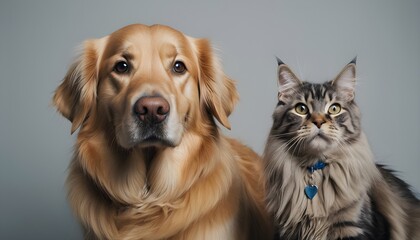 Happy panting Golden retriever dog and blue Maine Coon cat looking at camera, Isolated on grey
