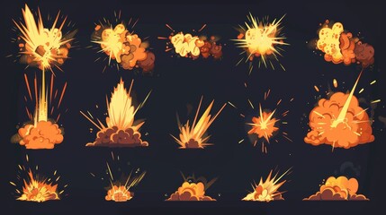 Sprite sheet of explosive explosion sequence. Modern 2d cartoon of dynamite or rocket explosion on black background.