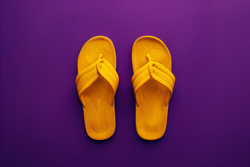 yellow beach slippers on purple background, beach, summer