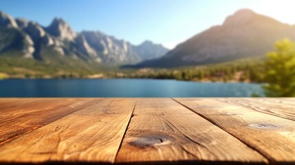 Empty wooden table for product display montages with mountains in the background
