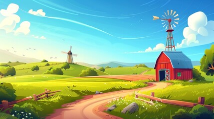 Agricultural fields with farm barn, windmill, water tower and windmill at the top of a mountain. Modern illustration of a rural landscape with a wooden shed, road and green trees in summertime. - obrazy, fototapety, plakaty