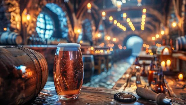 Delicious refreshing cold foamy light lager beer in a glass on the table at the bar