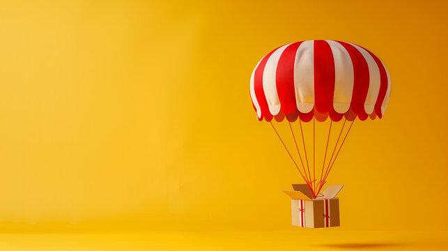 Striped Parachute Delivering Package Against Vibrant Yellow Studio Background