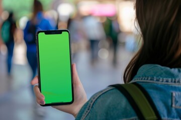 Digital mockup over a shoulder of a teen girl holding an smartphone with a completely green screen
