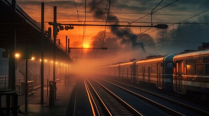 Railway station in a foggy morning with a train in motion