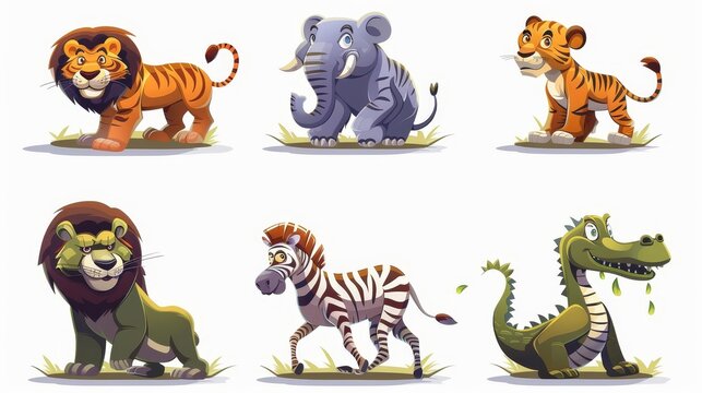 An illustration set of cartoon wild animals including a tiger, zebra, lion, elephant, and crocodile. Jungle inhabitants predators and herbivorous species in a zoo or safari park.