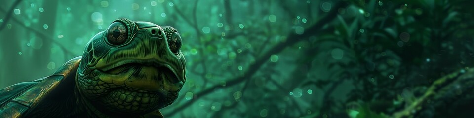 A somber turtle, its wise eyes peering out, against the deep, ancient green of a forest backdrop - obrazy, fototapety, plakaty