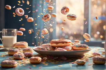 Delicious sweet donuts with colorful sprinkles and glaze served for breakfast. Flying donuts with confetti in the background