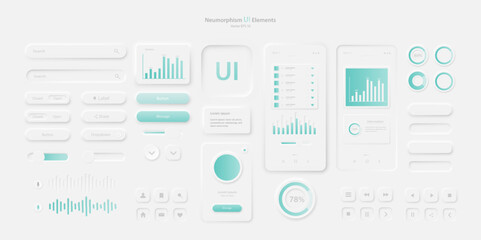 User interface elements for a light-colored mobile application. A set for developing a modern website or mobile application in the Neumorphism style. Vector EPS 10.