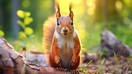Red squirrel sits on a log in the forest and looks at the camera