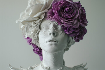 a statue of a Greek goddess with purple hair on a white background
