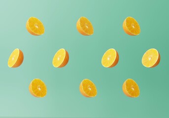 Elegant Minimal Summer Pattern Design. Colorful fruit pattern of fresh orange slices suspended on light green background. 3D rendering.