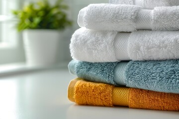 Close-up of neatly folded bath towels on a white table, creating a visually appealing arrangement with space for text