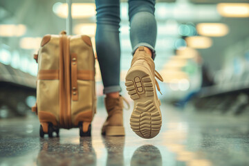 Woman walking at the airport and suitcase with feet and luggage for holiday vacation, attractive woman shoes with travelling bag at the airport - obrazy, fototapety, plakaty