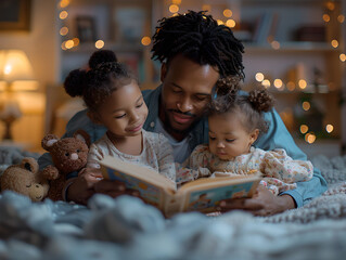 Father reading storybook to young daughters at bedtime