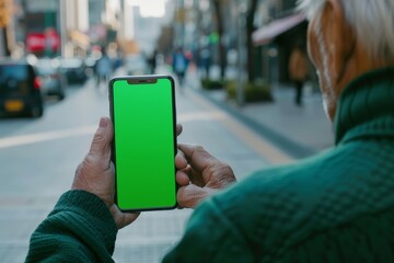 App preview over shoulder of a senior man holding an smartphone with a fully green screen