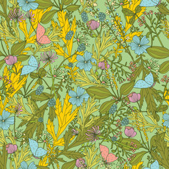 Vector vintage seamless green floral pattern. Herbs and wildflowers.  Can be used in textile industry, paper, background, scrapbooking. - 781388483