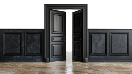 House wooden door with granite floor isolated on transparent background. Interior design concept.