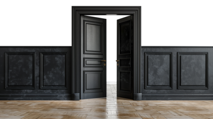 House wooden door with granite floor isolated on transparent background. Interior design concept.