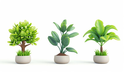 Plant shoot, potted houseplant, tree, grass, 3d cartoon icon set white background