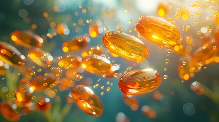 Animated fish oil capsules float in a sea-like environment, highlighting the benefits of omega-3