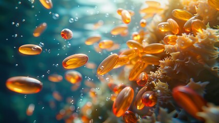 Fototapeta na wymiar Animated fish oil capsules float in a sea-like environment, highlighting the benefits of omega-3