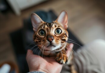 An adorable Bengal kitten with striking green eyes is gently held in one's arms, capturing a moment of innocence and curiosity.