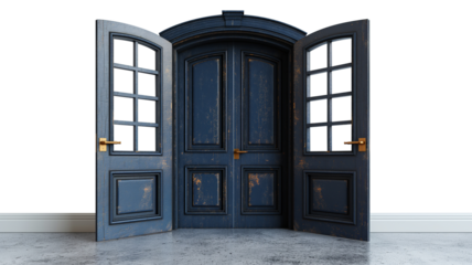 House wooden door with granite floor isolated on transparent background. Interior design concept.