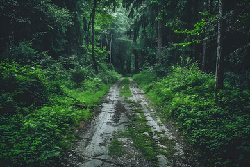 Fototapeta na wymiar Serpentine forest path with lush green foliage, creating a tranquil and mysterious atmosphere, perfect for backgrounds or nature themes.