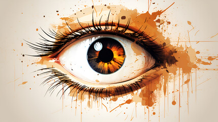 Smoky brown female human eye with long eyelashes painted with water color on white background
