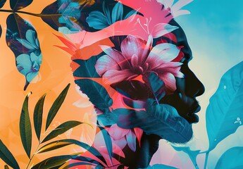 Blooming Mind: A beautiful combination of profile silhouette adorned with bright colorful flowers symbolizing mental growth and beauty