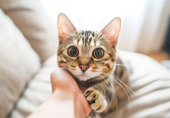 An adorable Bengal kitten with striking green eyes is gently held in one's arms, capturing a moment of innocence and curiosity.