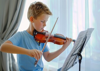 Young musician in training: a child practices playing the violin near a window illuminated by...