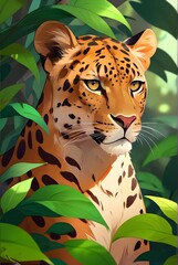Illustration of a close-up portrait of a leopard elephant wearing a spotted fur coat near green leaves in the forest. Generative AI