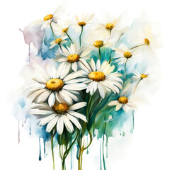 white daisies. a bouquet of beautiful flowers. drawing. illustration. artificial intelligence generator, AI, neural network image. background for the design.