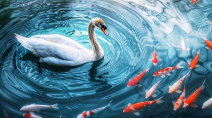 A serene pond scene with a graceful swan and many fish