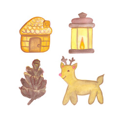 Christmas gingerbread house fawn pine cone and lantern set of children's watercolor illustration base for creativity design postcards tableware textile