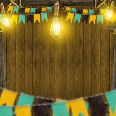 stage with spotlights for exhibit bonfire wood banner fire yellow orange vector illustration photo...