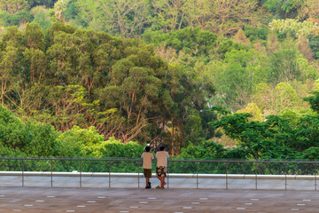 Two men together admiring the green mountain view from a construction platform.
