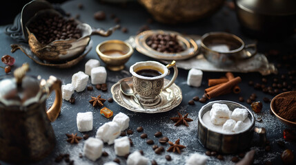 Obraz na płótnie Canvas Turkish Coffee and Sweet Delights with coffee beans, Turkish atmosphere for website, background, poster 