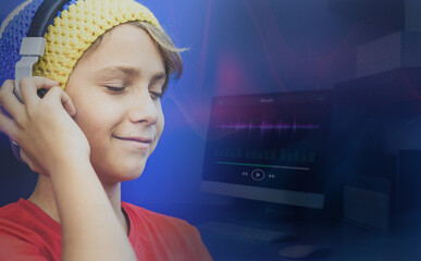 Teenager listening a playlist online. Music streaming, on demand concept. Boy enjoy free time