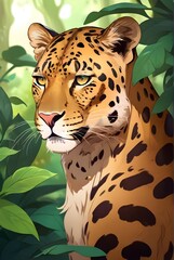 Illustration of a close-up portrait of a leopard elephant wearing a spotted fur coat near green leaves in the forest. Generative AI