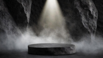 Obraz premium Empty black rock podium, pedestal for display mockup or products presentation. On background black rock walls with white smoke or fog and a light beam illuminating the base from above. Generative Ai.