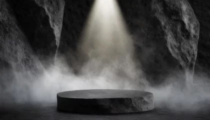 Poster Empty black rock podium, pedestal for display mockup or products presentation. On background black rock walls with white smoke or fog and a light beam illuminating the base from above. Generative Ai. © Alberto Masnovo