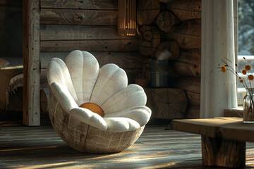 Craft an AI image portraying a chair formed by intertwining daisy petals, set within a modern cabin with a minimalist aesthetic and warm, inviting ambiance - obrazy, fototapety, plakaty
